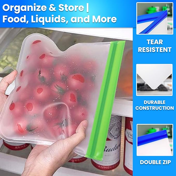 Reusable Silicone Food Storage Bags – 14-Pack Ziplock Set (4 Small, 6 Medium, 4 Large), BPA-Free Leakproof Freezer Bags, Extra Thick & Durable, Dishwasher Safe for Meal Prep, Snacks, Travel