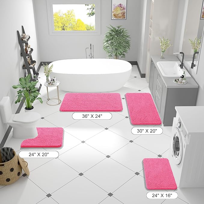OLANLY Bathroom Rugs 24x16, Extra Soft Absorbent Chenille Bath Rugs, Rubber Backing Quick Dry, Machine Washable Bath Mats for Bathroom Floor, Tub and Shower, Home Decor Accessories, Hot Pink