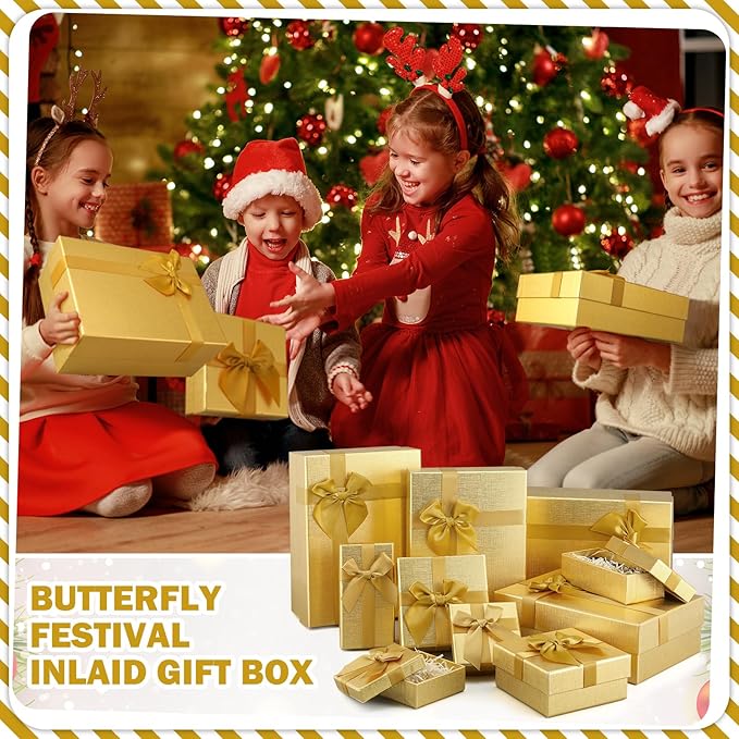 Tenceur 10 Pcs Gift Boxes with Lids Heavy Duty Nested Assorted Sizes Cardboard Gift Boxes for Presents with Ribbon for Xmas Holiday Present(Gold,5 Size)