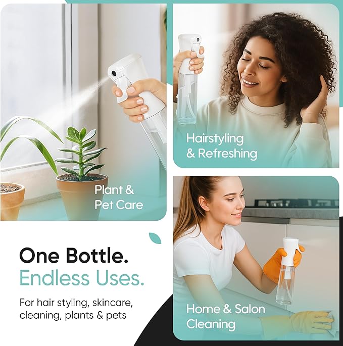Aquableu Spray Bottle for Hair – Continuous Mist Spray Bottle for Hair Care, Styling, Cleaning, Plants, Pets & Essential Oils (Pack of 2 - Clear, 10oz)
