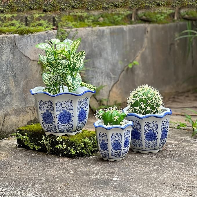 Ceramic Pots for Plants, Chinoiserie Décor Ceramic Flower Pots Planters for Indoor Plants with Drainage, Blue and White, Set of 3