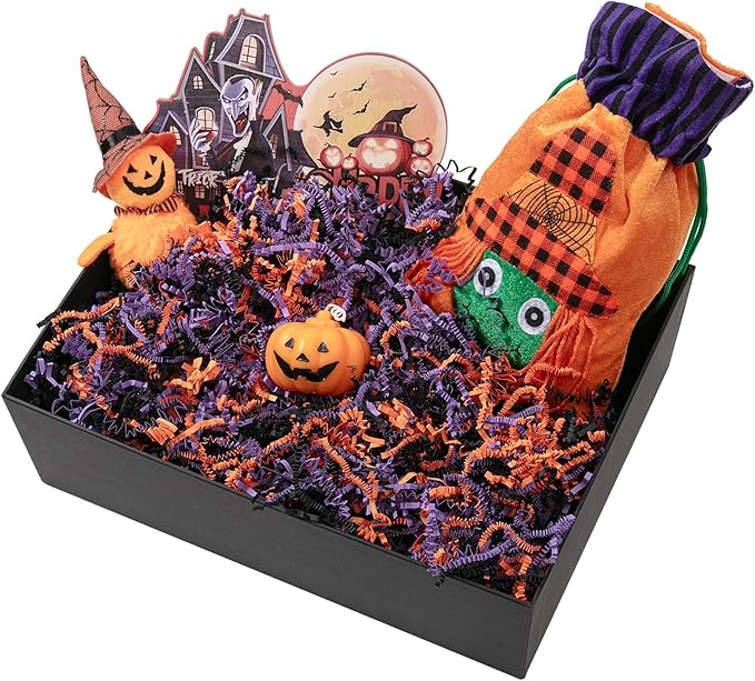 Mefleet 2 LB Halloween Crinkle Cut Paper Shred Filler Orange & Purple & Black Crinkle Shredded Paper for Boo Basket - Gift Box Bag Filler - Grass Cushion Stuffing for Halloween Wrapping