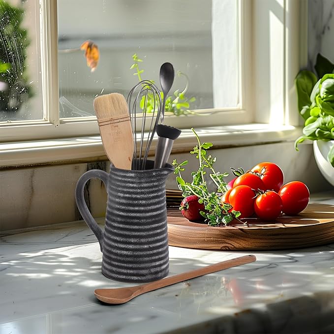 Quoowiit Ceramic Rustic Vase with Handle, Black Distressed Decorative Farmhouse Pitcher Vase for Home Decor Living Room Bedroom Kitchen Office Shelf Decor Centerpiece Table Decoration