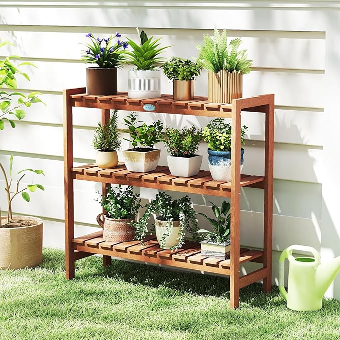Giantex 3-Tier Plant Stand Indoor, Solid Wood Flower Pot Display Rack w/ Slatted Shelves, Take Oil Finish Bookshelf Shoe Rack, Indoor Outdoor Storage Shelf for Patio Garden Balcony Home Living Room Entryway