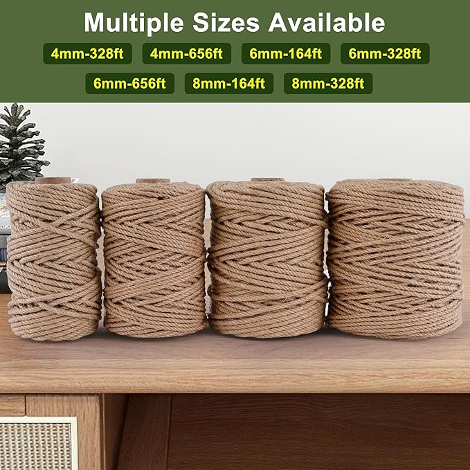 Natural Jute Twine 656ft 6mm,4Ply Twisted Thick Twine Rope Strong Jute String Roll for Crafts Gift Wrapping Gardening Home Decor Bundling Cat Scratching Post