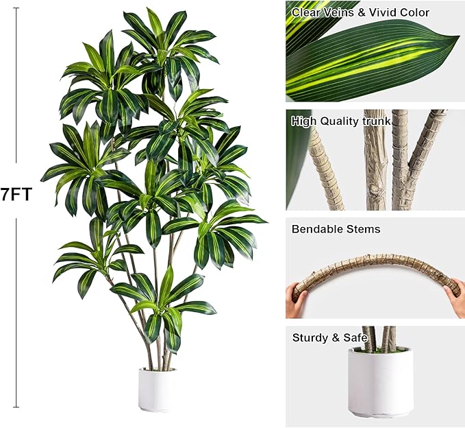 Artificial Dracaena Plant 7FT - Realistic Fake Dracaena Tree Tall Large Faux Silk Plants Fake Floor Potted Artificial Plants for Home Decor, Office Plants