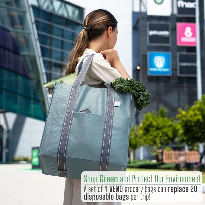 VENO 4 Pack Reusable Grocery Bags, Heavy-Duty Shopping Bags with Handles, Bags for Shopping Cart with Hard Bottom to Stand Upright, Foldable, Multi-Purpose(Light Blue, 4 Pack)