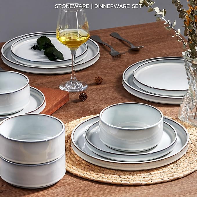 Onader Stoneware Dinnerware Sets, 12 Piece Plates and Bowls Dish Sets for 4, Ceramic Dishware Dining Ware with Rustic Terracotta Bottom - Glacier White