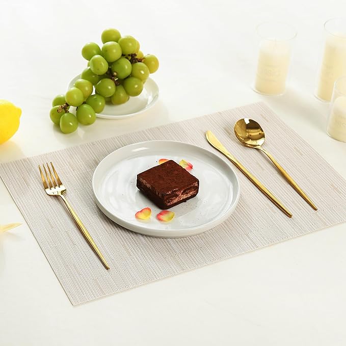Leetaltree Pale Beige Placemats Set of 12 - Heat Resistant Non-Slip Place mats for Dining Table, Washable Durable PVC Vinyl Woven Table Mats(Pale Beige, 12)