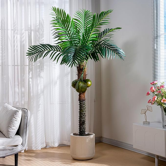 6FT Artificial Phoenix Palm Tree with Coconut Fruit Outdoor Indoor Decor Large Faux Coconut Silk Palm Tree Tropical Fake Tree Large Faux Sago Palm Plant for Home Yard Outside Patio Poolside