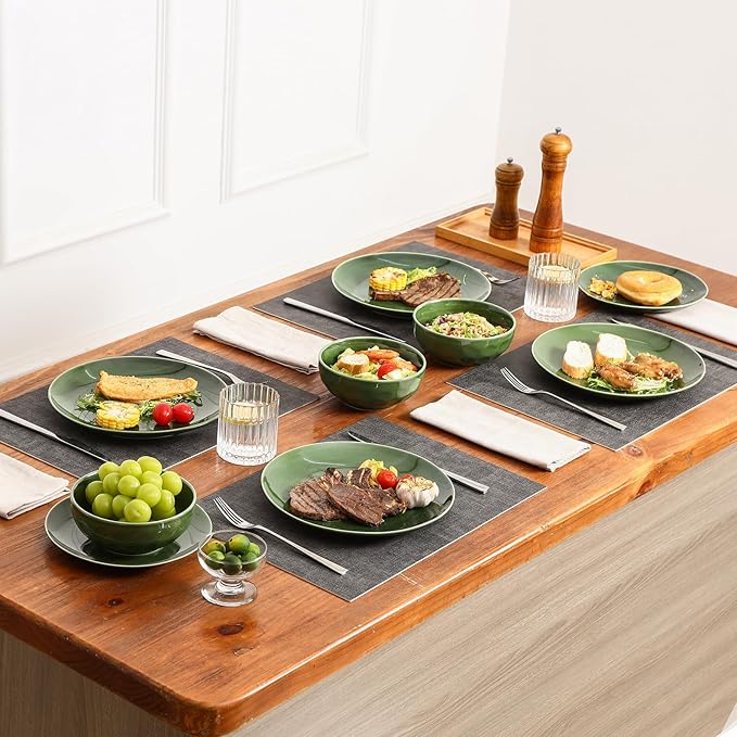 Vicrays Ceramic 12 Pieces Dinnerware Set - Dinner Plates Cereal Bowls Salad Plates Set Service for 4 - Scratch Resistant Dishwasher Safe Microwave Oven - Green