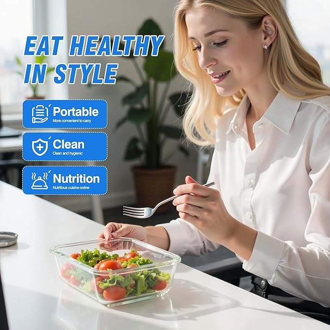 5-Piece Set, 36 oz Glass Meal Prep Containers with Snap-Lock Lids, Airtight Lunch Containers, Microwave, Oven, Refrigerator & Dishwasher Safe,Black