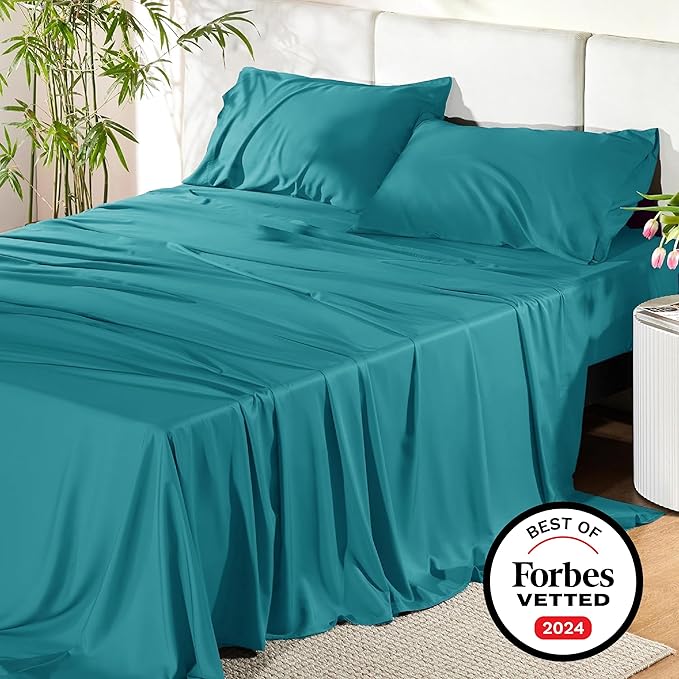 Bedsure Full Size Bed Sheets, Cooling Sheets, Rayon Derived from Bamboo, Breathable & Soft, Deep Pocket Up to 16 Inches, Hotel Luxury Silky Bedding for Hot Sleepers, Turquoise