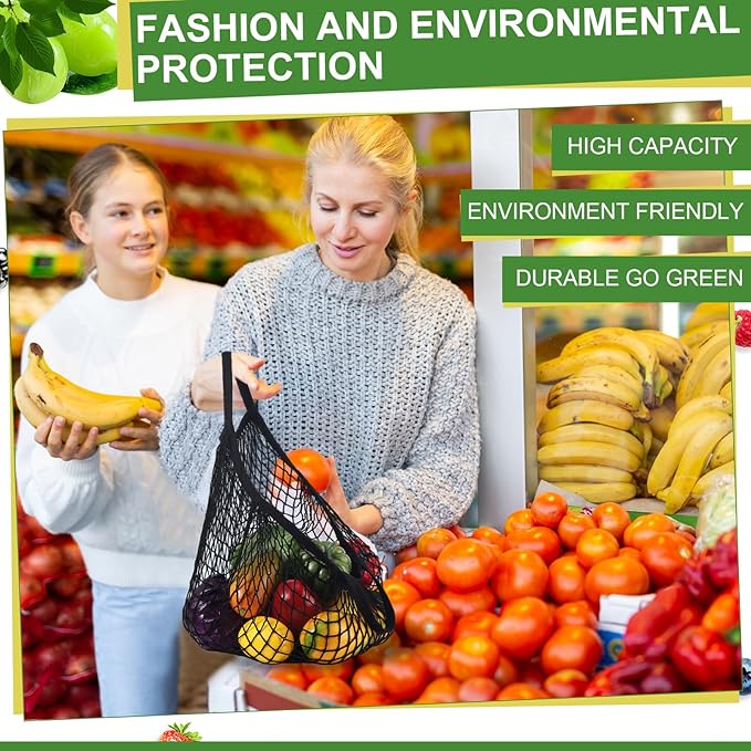 Paterr 50 Pack Cotton Mesh Produce Bags Bulk Reusable Market Bag Washable Net Grocery Purse String Shopping Tote Beach Organizer for Vegetable Fruit Picnic Food Storage (Short Handle,Black)