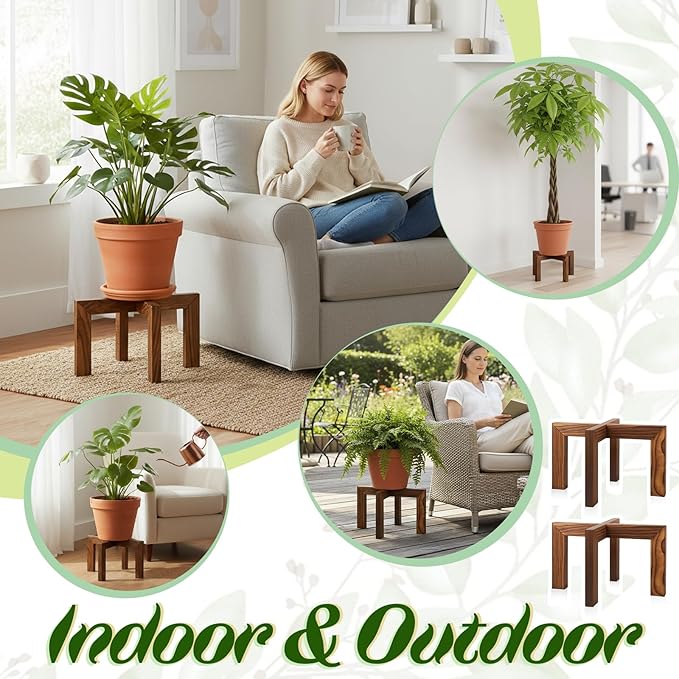 2 Pack Wood Plant Stand, Indoor Outdoor Sturdy Brown Flower Pot Holder Modern Plant Shelf Rattan Flower Plants Stool Elegant Home Decor for 5-18 Inch Pots Patio Variety Pots Easy Assembly