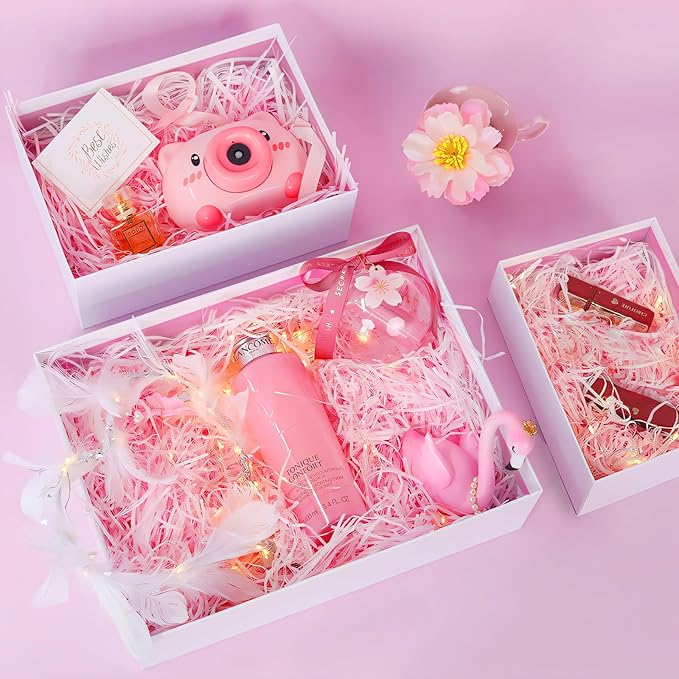 Airuisike Gift Boxes With Lids For Presents, Set Of 3 Pink Gift Wrap Boxes With Ribbon, Assorted Boxes For Presents, Sturdy & Pre-Wrapped Gift Box