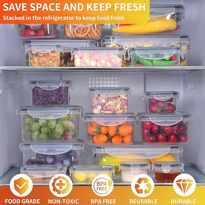 44 PCS Plastic Food Storage Containers with Lids Airtight, BPA-Free Leakproof Meal Prep Containers Reusable,Microwave & Dishwasher & Freezer Safe,Includes Labels & Pen