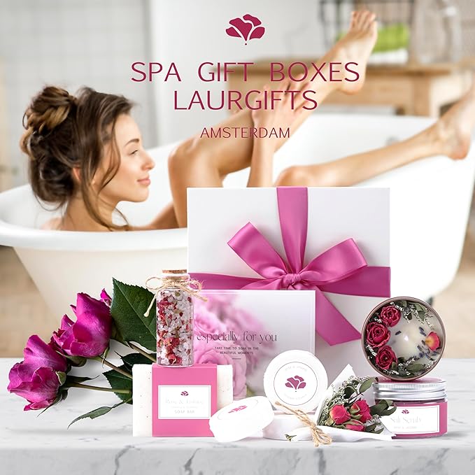 Spa Gift Set for Women – Small Self Care Gift Box with Relaxing Rose & Jasmine Scent – Bath Gift for Birthday, Christmas & Thank You – Elegant Spa Gift for Mom, Wife, Sister or Friend