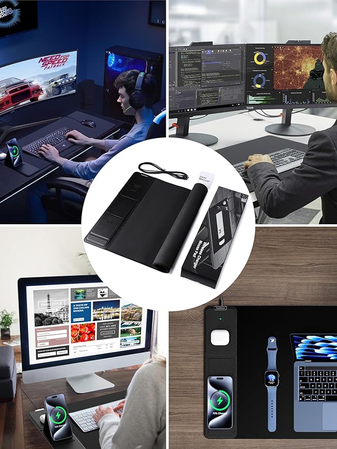 TopMade Mouse Pad with 15W Wireless Charging & Phone Holder, 31.5" x 15.75" XXL Large Desk Pad, Gaming Computer Keyboard Pad, Waterproof Mousepad Home Office Desk Mat for MacBook, PC, Laptop, Black