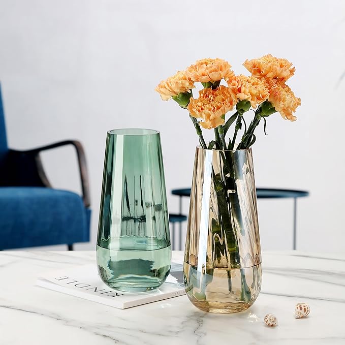 Modern Large Glass Vase H-9.8" Green Vases for Flowers, Centerpieces and Decorative Accents - Tall Plant Vase for Office Home Table Decor