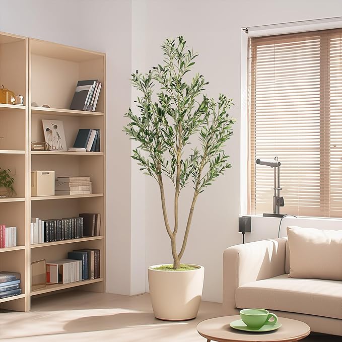 6FT Artificial Olive Tree, Indoor Faux Olive Tree Fake Potted Silk Olive Tree Plants with Lifelike Branches & Fruits for Home Office Decor