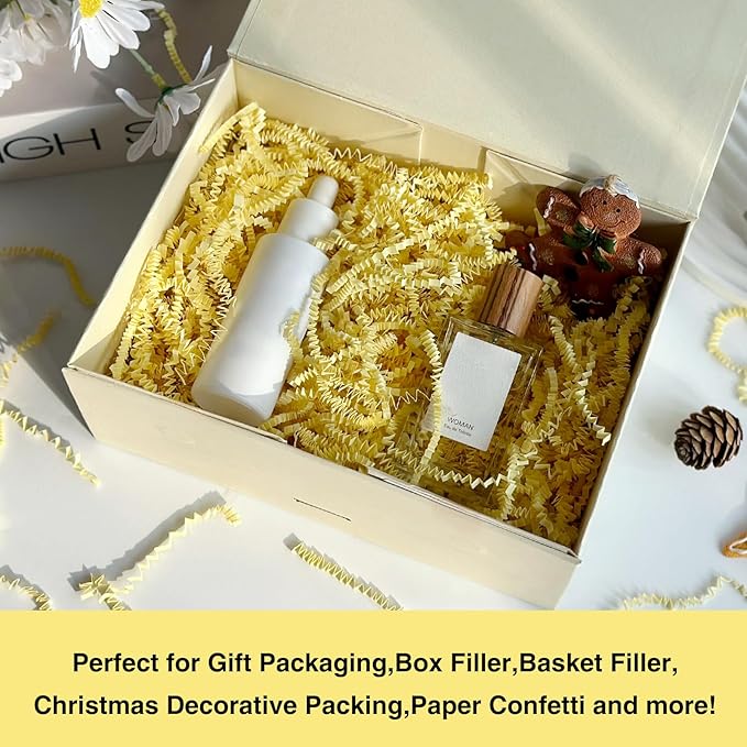 2 LB Crinkle Paper Shred Filler for Bag Gift Box Basket Paper Shreded Stuffing Decoration for Holiday Party (Light Yellow)