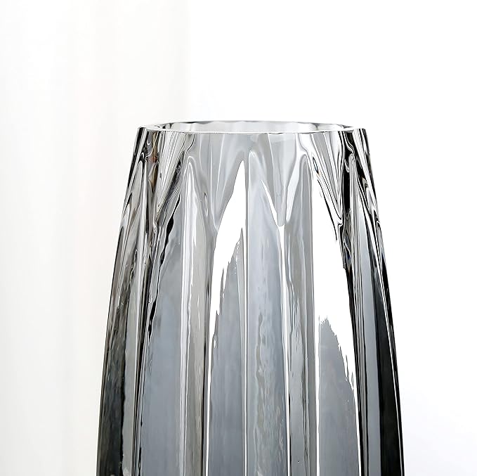 Black Grey Glass Vase with Modern Ribbed for Flowers, Candles, and Decorative Accents - Tall/Short Glass Vase for Centerpieces Home Table Decor(Grey H7.87inch)