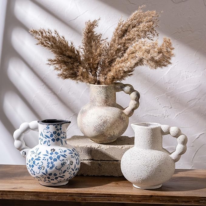 Rustic Farmhouse Flower Large Ceramic Vase, Vintage Pampas Grass Vases, Antique White Decorative Ceramic Flower Vase for Home Decor, Table, Living Room, Entryway, Wedding - Distressed Design, 6.9 Inch