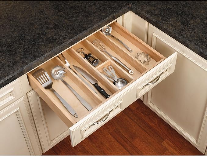 Rev-A-Shelf Trim-to-Fit Silverware Drawer Organizer For Kitchen Utensils, Cutlery Cabinet Storage Divider Insert, 23.98 x 21.97 In, Maple Wood, 4WUT-3