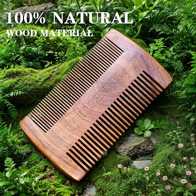 Premium Sandalwood Dual-Action Comb - Double-Tooth Design for Men's Fine & Wide Hair, Mustache Comb, Protective PU Leather Case