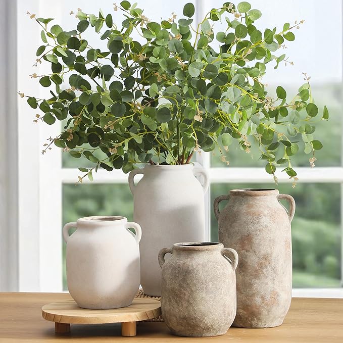 Ceramic Flower Vase Home Decor - 7.6 Inch Farmhouse Rustic Table Vases with Handle Living Room Decoration Decorative Vintage Pottery for Kitchen Shelf Coffee Dining Bookshelf Fireplace Centerpiece