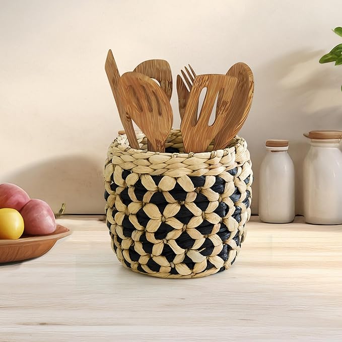 Kitchen Utensil Holder for Countertop – 7.1" Large Utensil Crock for Cooking Tools – Rustic Spatula Holder, Eco-Friendly Utensil Holder Counter – Water Hyacinth Utensils Organizer