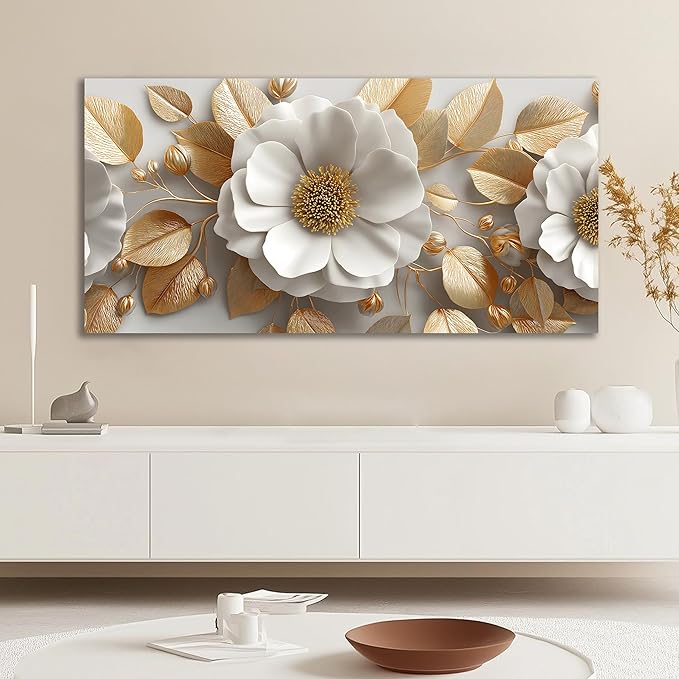 Tarfupth Floral Canvas Wall Art for Living Room Gold and White Flowers Large Botanical Artwork for Bedroom Office Home Decor Canvas Prints 20"x40"