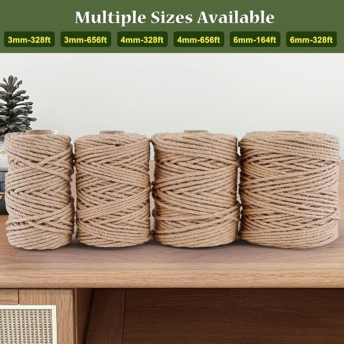 Natural Jute Twine 328ft 3mm,3Ply Twisted Thick Twine Rope Strong Jute String Roll for Crafts Gift Wrapping Gardening Home Decor Bundling Cat Scratching Post