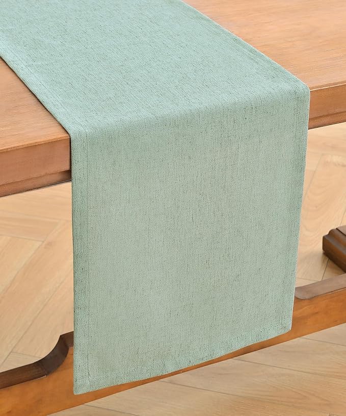 Wracra Linen Style Table Runner, Rustic Farmhouse Christmas Red Table Runners 48 Inches Long, Handcrafted Table Runner for Fall, Winter - Everyday Use and Machine Washable, Light Green 48"