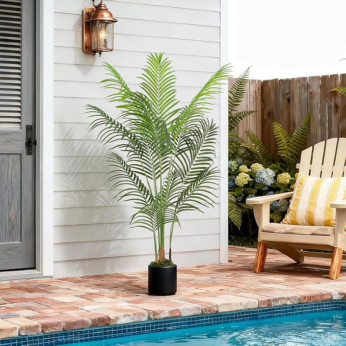 5FT Artificial Palm Tree, Tall Fake Tropical Areca Plant with Black Round Planter for Indoor Outdoor Home Decor, Realistic Faux Palm Tree for Living Room, Office, Porch, Garden