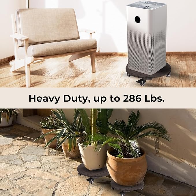 2PCs 14 INCH Wood Plant Caddy with Wheels, Rolling Plant Stand Heavy Duty, 250lbs Capacity Plant Dolly, Plant Stand with 360° Lockable Wheels for Plant Pots, Round Walnut