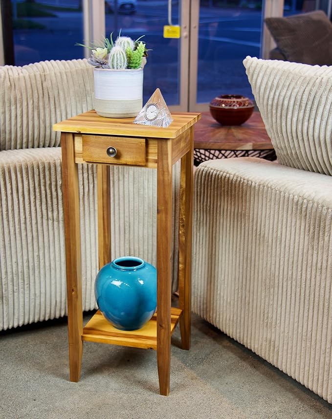 2-Tier Solid Acacia Plant Stand w/Drawer