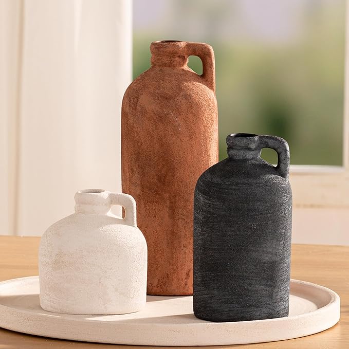 Ceramic Vase Home Table Decor - Flower Vase Set of 3 Living Room Kitchen Decorations Farmhouse Modern Rustic Vases Decorative Centerpiece for Shelf Bedroom Office Bathroom Dining Coffee Desk