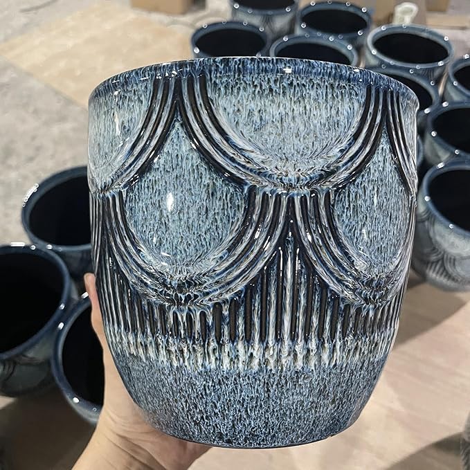 Plant Pots Indoor, Ceramic Planter, 6in Plant Pot, Plant Pots with Drainage Holes and Saucers, Flower Pots for Indoor Plants, Reactive Glaze Blue