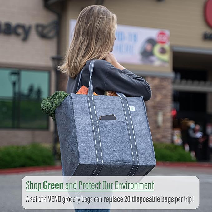 VENO 4 Pack Reusable Grocery Bags with Hard Bottom, Heavy Duty Foldable Shopping Bags for Cart (Random Colors, 4 Pack)