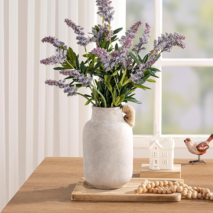 Ceramic Flower Vase Home Decor - 9.7 inch Large White Rustic Table Flowers Vases Living Room Bedroom Plant Decoration Farmhouse Vintage for Kitchen Shelf Office Coffee Dining Desk House Women