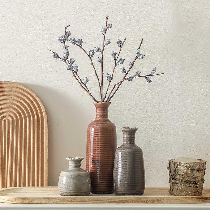 Ceramic Vases Set of 3, Neutral Rustic Farmhouse Vases Home Decor Decorative Flower Vase Modern Boho Pampass Vase for Table Mantel Entryway Shelf Living Room Kitchen Bathroom - Brown