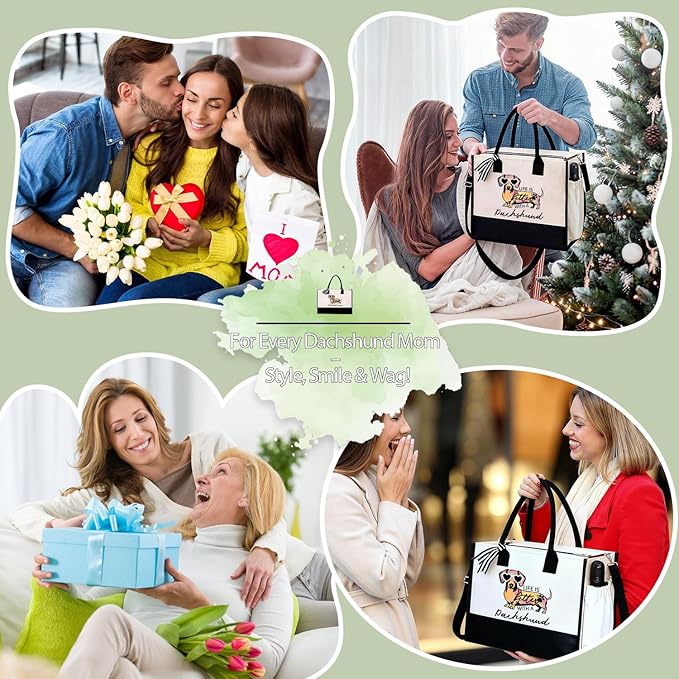 Dachshund Gifts for Women, Weiner Dog Canvas Tote Bag with Zipper for Dachshund Lovers Travel, Shopping, Beach โ Perfect Weenie Dog Gifts for Mother's Day, Christmas, Birthday