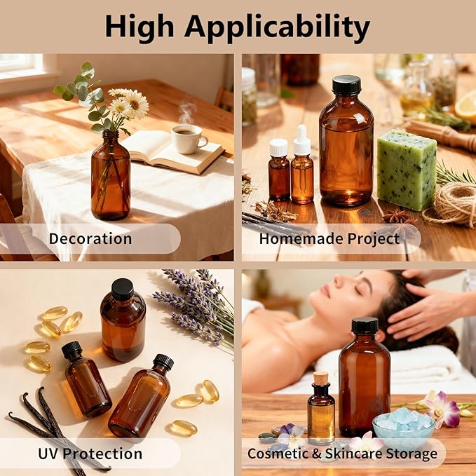 15 Pack 16 oz Amber Glass Boston Round Bottles with Phenolic Polycone Caps – Airtight, Leak-Proof Brown Bottles for Kombucha Brewing, Storing Condiments, Essential Oils, and Homemade Solutions