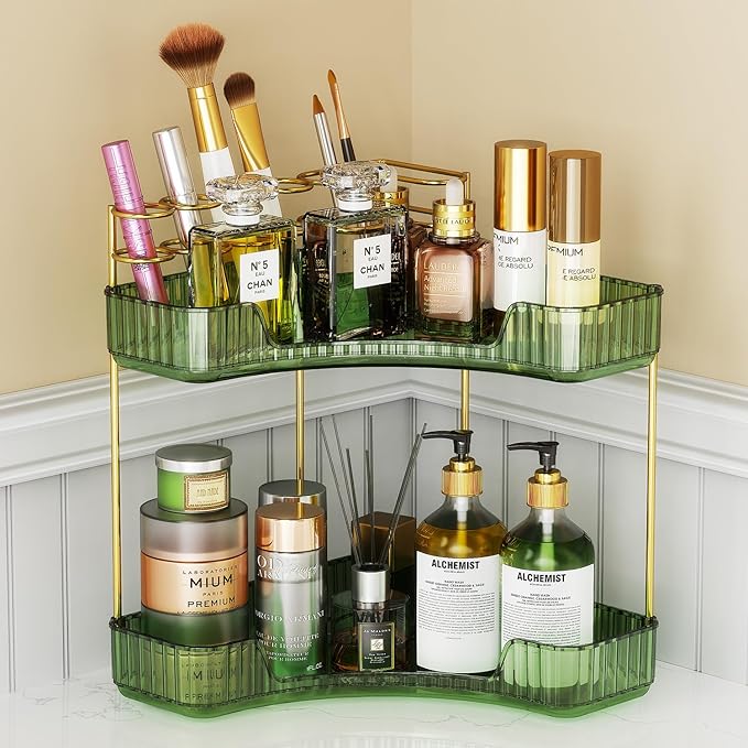 2-Tier Corner Bathroom Counter Organizer Makeup Cosmetic Storage, Tool-Free Installation Acrylic Vanity Shelf, Skin Care Organizer Perfume Tray for Countertop Bathroom, Dresser, Kitchen (Green)