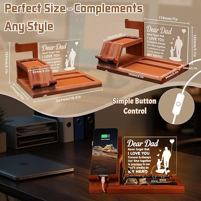 Attivolife Dad Gifts Idea LED Phone Docking Station Desk Organizer, Cell Phone Stand with Night Light, Best Dad Ever Gift for Father's Day, Key Holder, Stand for Wallet Watch Essentials