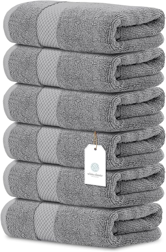 White Classic Luxury Light Gray Hand Towels - Soft 100% Turkish Cotton | Highly Absorbent Hotel spa Bathroom Towel Collection | 16x30 Inch | Set of 6
