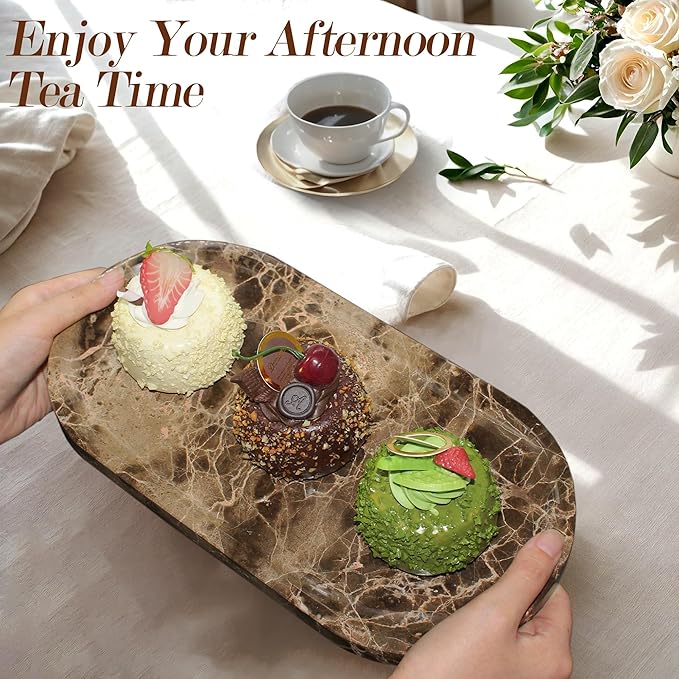 100% Real Natural Marble Tray for Bathroom, Luxury Dark Brown Stone Vanity Tray, Decorative Oval Trays for Countertop Storage, Organizer, Vanity, Dresser, Kitchen, Home Decor, 11.8" x 6", Brown