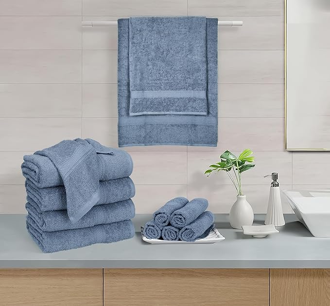 HILLFAIR 24 Piece Bath Towels Set for Bathroom- 100% Cotton 24 PC Bulk Pack Hotel Spa Towel Set- 2 XXL Oversized Big Towels, 4 Bath Towels, 6 Hand Towels, 4 Fingertip Towels, 8 Washcloths: Blue